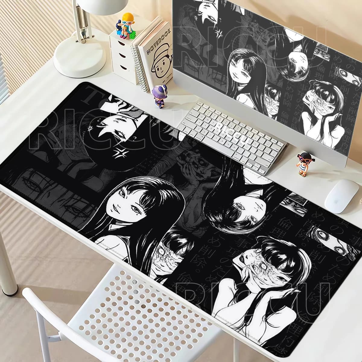 Tappetino per Mouse XXL con Collage Horror in Bianco e Nero e Ragazza Anime, Tappetino da Ufficio Esteso, Tappetino per Tastiera da Gaming, Grande Tappeto