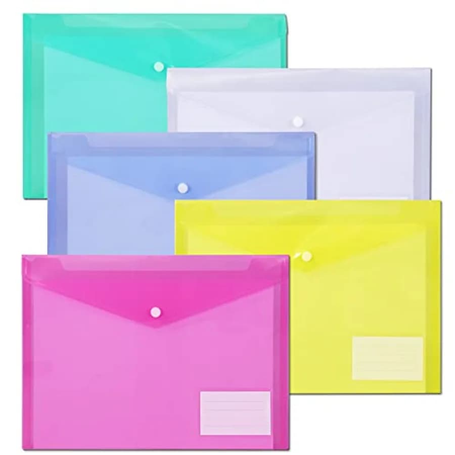 10 Pack Plastic File Folders with Pockets, Colorful Hook and Loop Closure Envelopes, Clear Poly Document Folders Letter/A4 Size