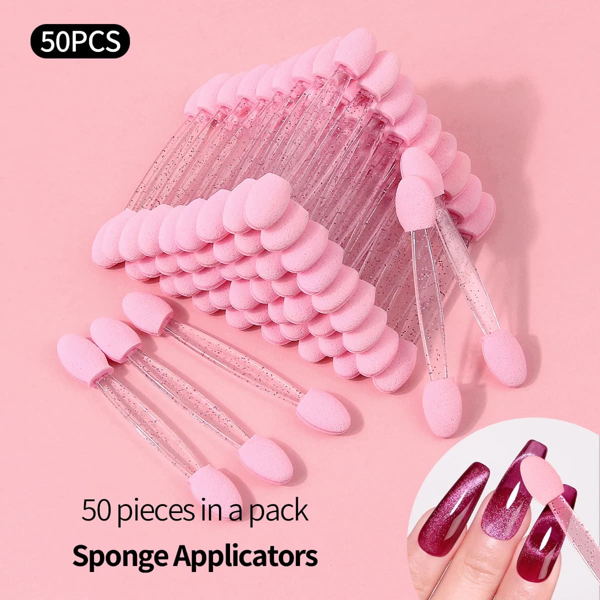 50 disposable double-end sponge applicators, glittered pink handle, portable soft sponge for umbrella, make-up, nail art, cosmetic tools