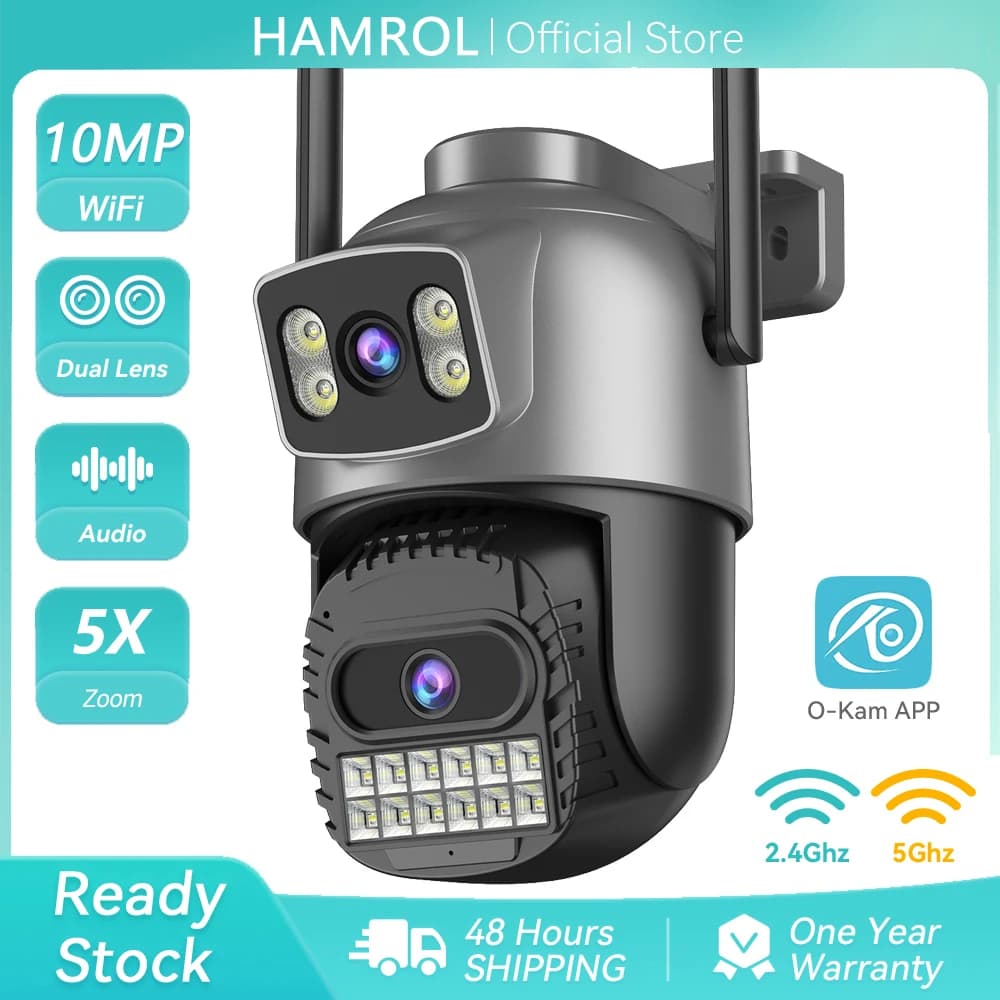 5K 10MP WiFi 2.4g/5G Dual Lens Security Camera, 5X Zoom Dual Screens Outdoor IP66 Waterproof Human Detection AI Night Vision
