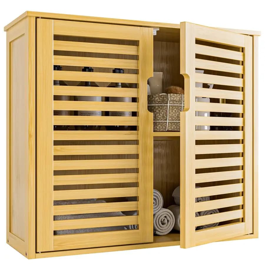 Bathroom Cabinet in Wall, Medical Cabinet Over the WC, Bamboo Suspended Organizer with 2 doors and adjustable shelf