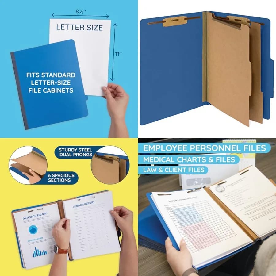 10 Cartelle Classificatrici Blu con Divisori - Cartelle per Documenti Personale e Dipendenti da 2'' con Due Raccoglitori a Doppia Linguetta per Settore Medico, Legale