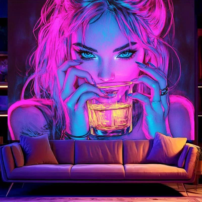 VIKAMA Cyberpunk Neon Girl Tapestry, decorazione da parete artistica a contrasto rosa e blu per soggiorno, camera da letto, sala giochi, bar, decorazioni per la casa