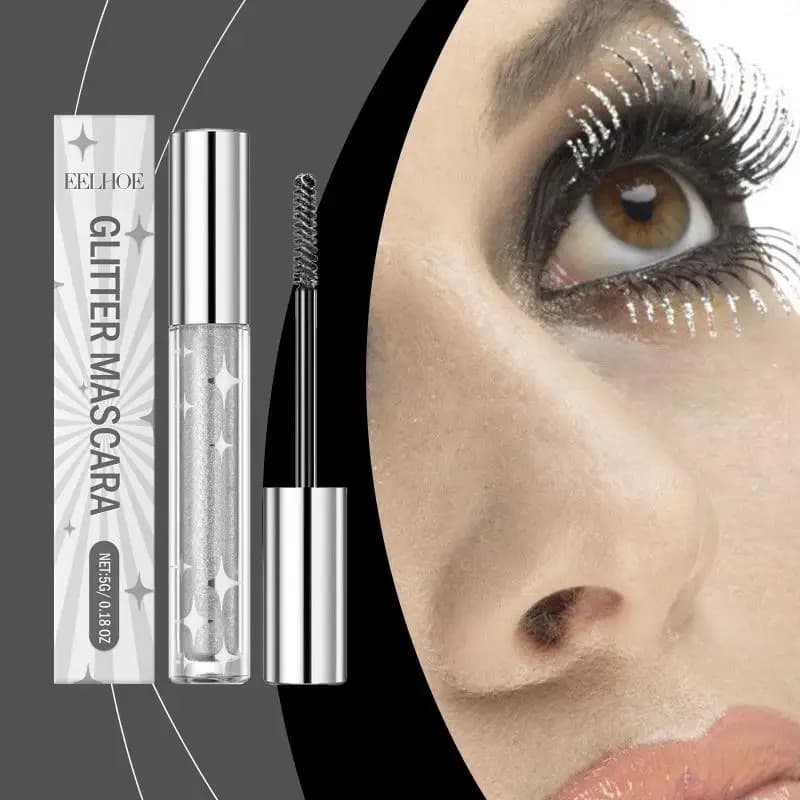 Mascara Glitterato con Paillettes Argentate, Asciugatura Rapida, Lunga Durata, Impermeabile, Incurvante, Volumizzante e Lucido