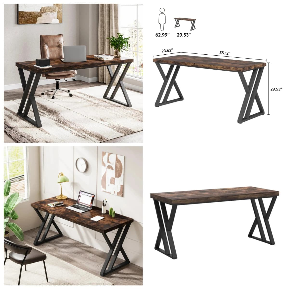 Scrivania robusta da 55 pollici con gamba in metallo a forma di Z, scrivania moderna e semplice per ufficio domestico, marrone rustico, personalizzabile