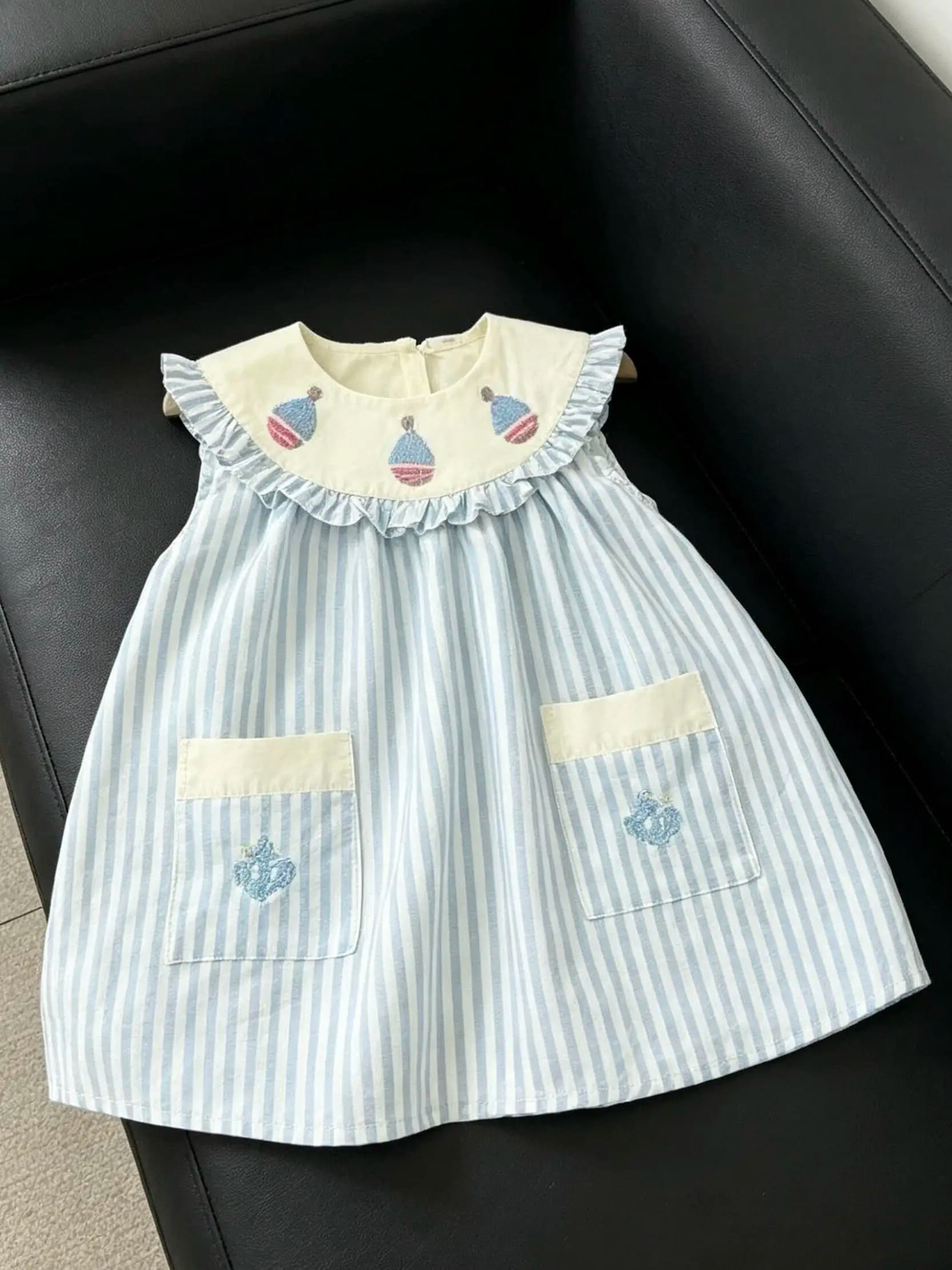 Vestito Estivo Senza Maniche per Bambine, Nuovo Stile Principessa Dolce con Colletto a Bavaglio a Righe, Abbigliamento per Bambini, Vestito per Bambina