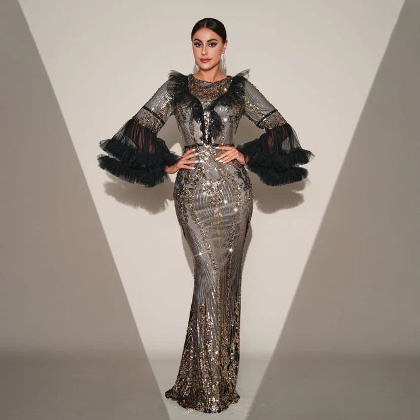 Elegante Abito da Sera Lungo a Sirena con Paillettes, Moda Donna Estate 2024, 100% Fibra di Poliestere, Elegante Vestito da Sera