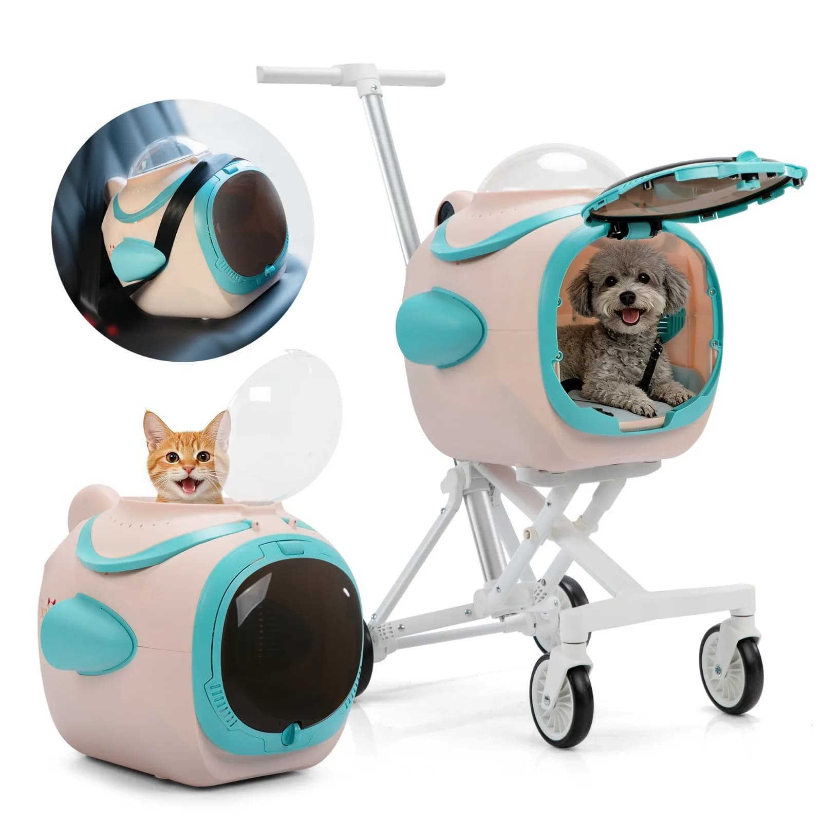 Passeggino per animali domestici a 4 ruote con trasportino rimovibile e rotazione a 360° ° Ventilatore a Ruote Rotanti per Aria Fresca
