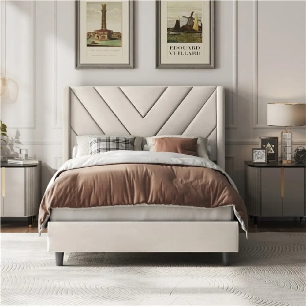 Struttura letto doppia imbottita con base per materasso con supporto a doghe, beige