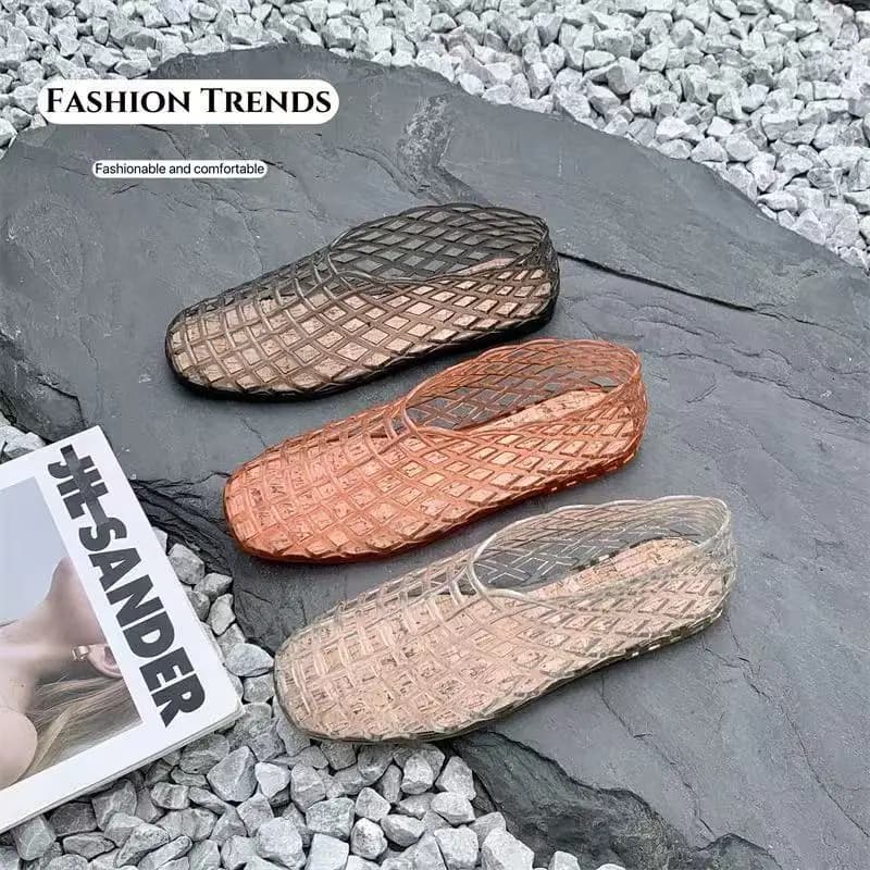 Sandali Traspiranti in Gelatina Cristallina Rossi, Scarpe Basse Traforate Estive, Calzature Casual Comode da Spiaggia per Donne