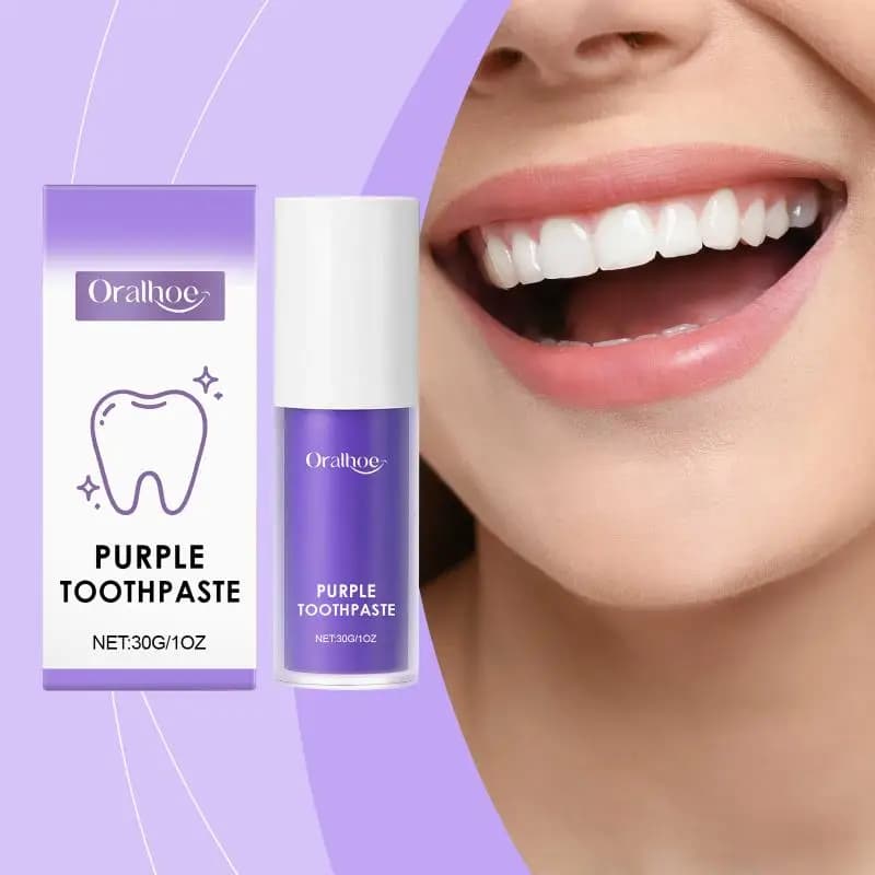 Dentifricio in purple whitening powder for yellow teeth, removes stains, fresh breath, dental cleaning, oral care