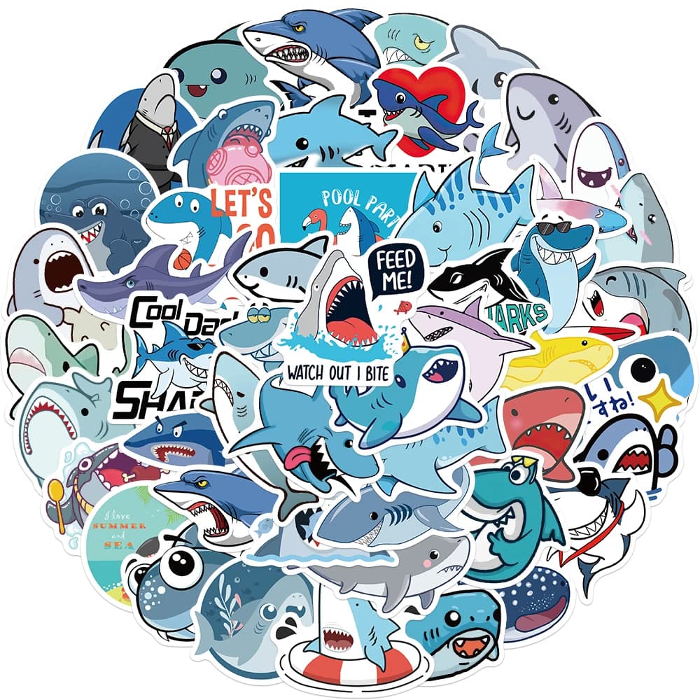 50 pezzi adesivi squalo cartone animato simpatico cartone animato animale marino impermeabile bagaglio fai da te tazza d'acqua adesivo regalo libro computer