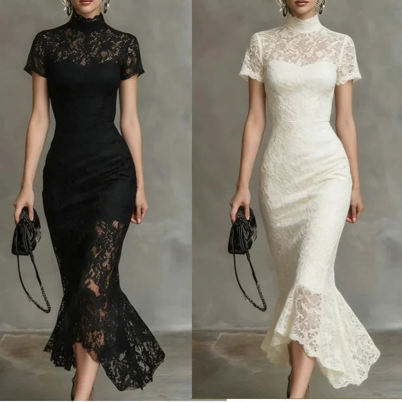 Abito da donna 2026 estivo nuovo nero slim fit con patchwork in pizzo, abito lungo da ragazza elegante e raffinato per banchetti e feste
