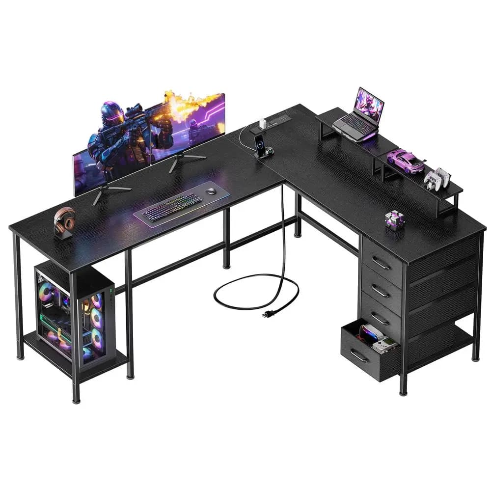 Scrivania per computer a forma di L da 59 pollici con prese di corrente, scrivania per ufficio domestico con 4 cassetti regolabili e 2 supporti per monitor, due