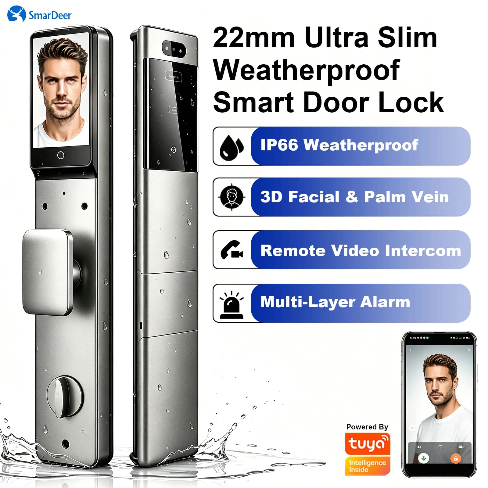 SmarDeer Smart Door Lock IP66 Waterproof 3D Face Palm Vein Recognition Biometric Lock Tuya WiFi Remote Anti Theft Digital Keyles
