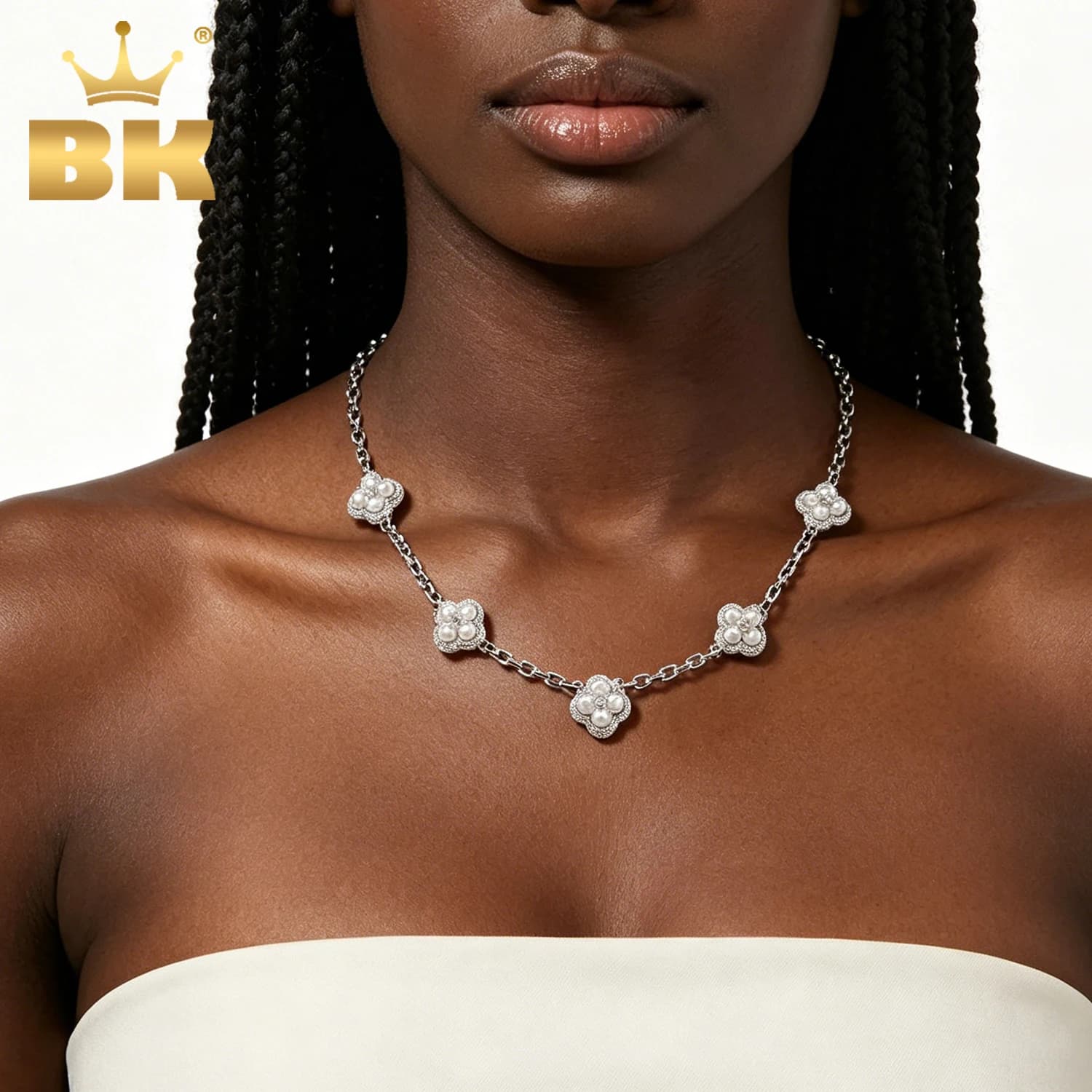 TBTK Luxury Pearl Bracelet Four Leaves Clover Shape Iced Out CZ Link Necklace Best Gift For Women Girl Hiphop Jewelry