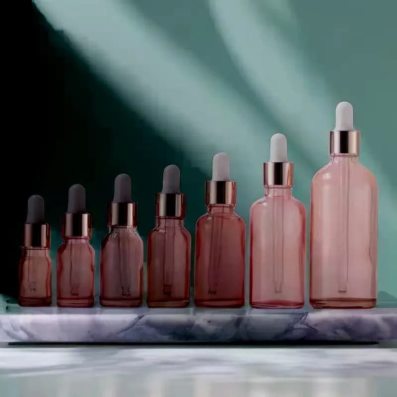 Flaconi contagocce ricaricabili da 5-100 ml con tappo oro rosa, contenitore cosmetico in vetro per aromaterapia, liquidi, oli essenziali e massaggi con pipetta