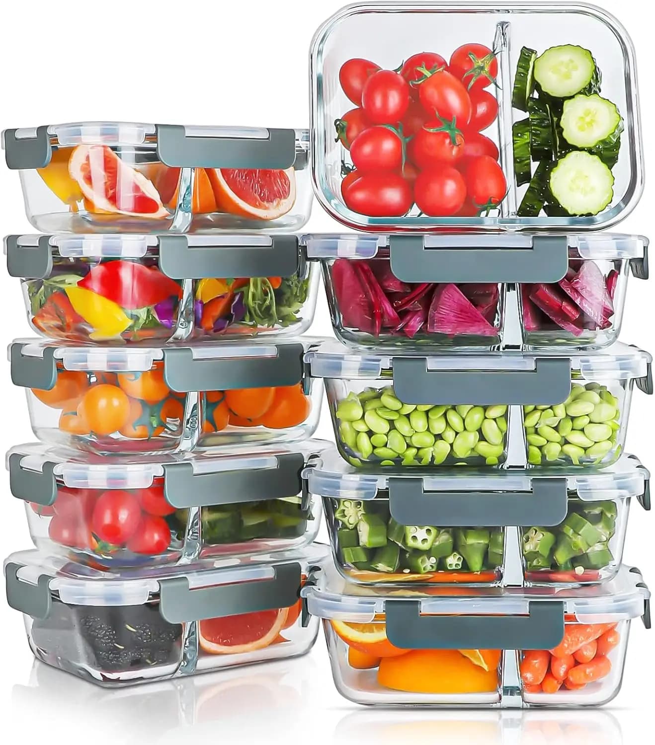 Contenitori in Vetro da 30oz per Preparazione Pasti con 2 Scomparti e Coperchi Ermetici per Microonde, Forno e Congelatore