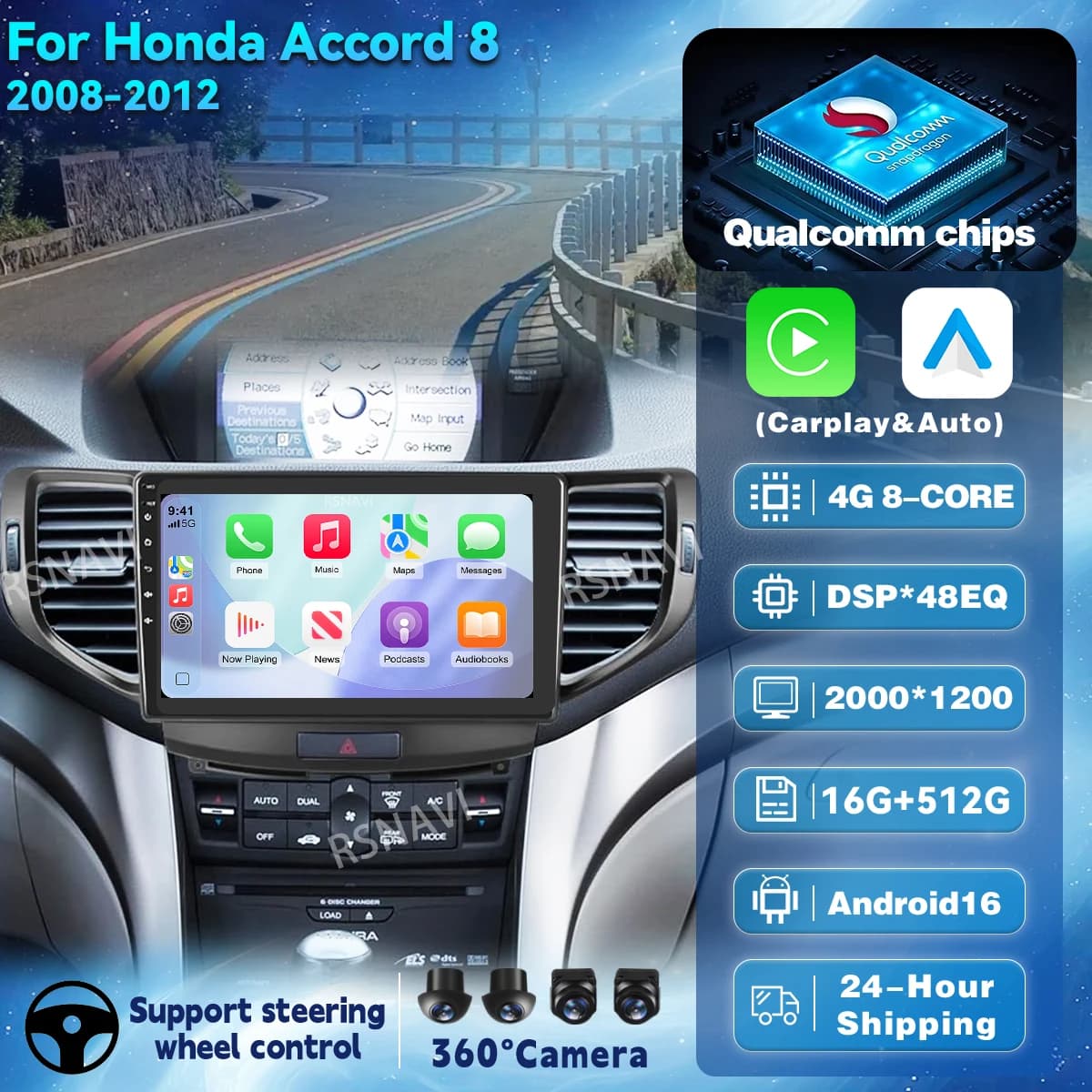 Android 16 Car Radio For Honda Accord 8 2008 - 2012 Carplay Auto Navigation Multimedia 2K Screen Video Player 360 Camera Stereo