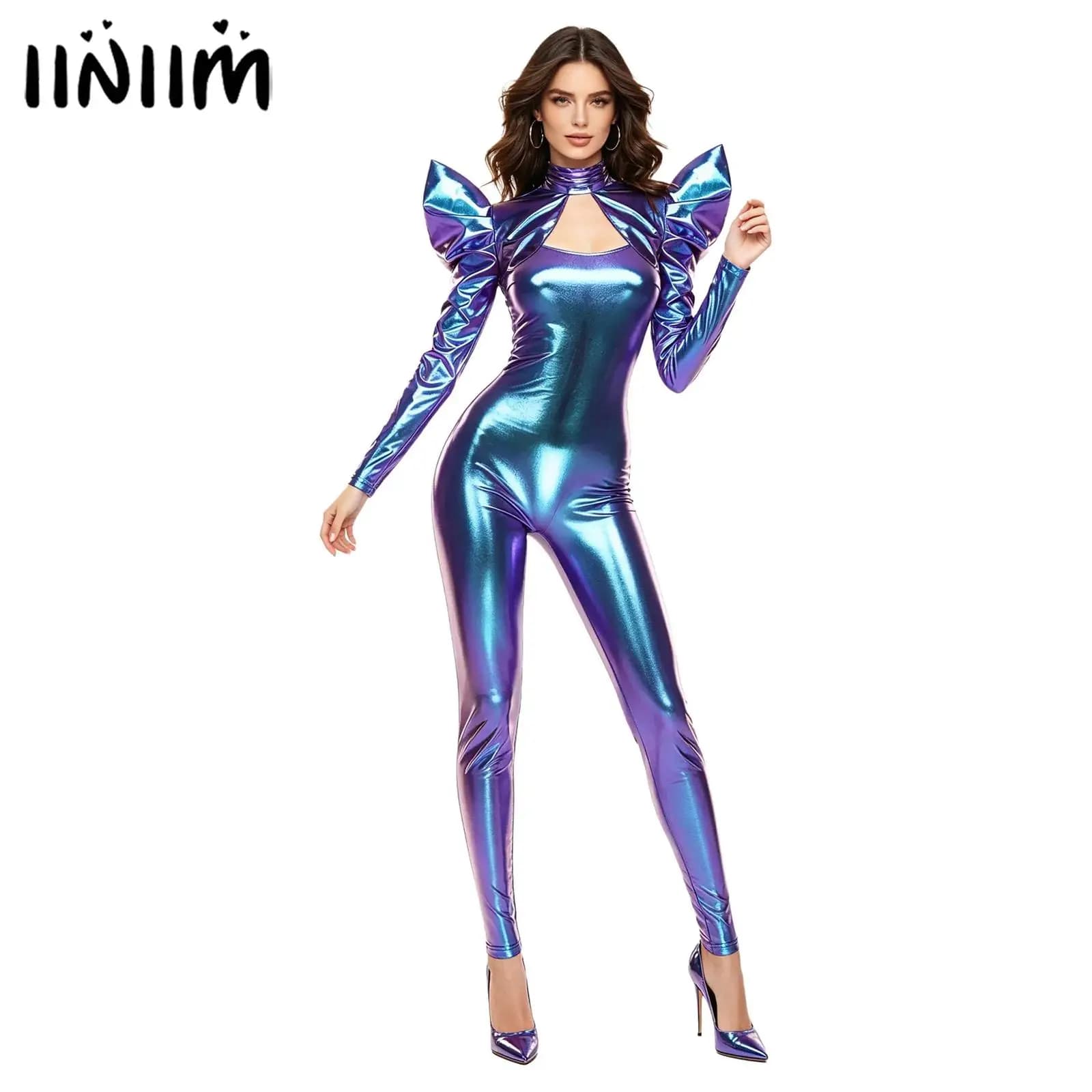 Costume da Donna Metallizzato Lucido con Zip Posteriore, Leggings Aderenti, Tuta Intera con Spalline, Top Corto a Maniche Lunghe con Apertura Frontale, Costume Catsuit per Halloween