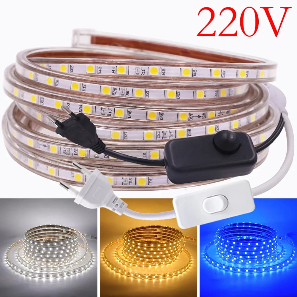 Interruttore ON/OFF AC 220V LED Strip Light Dimmerabile 5050 60LED/M Rosso Verde Blu Bianco caldo Illuminazione della stanza Impermeabile Spina UE Lampada flessibile