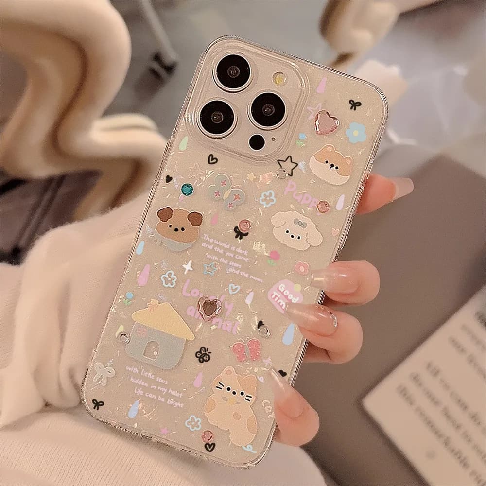 Custodia per telefono con motivo a conchiglia simpatico cartone animato per iPhone 11 12 13 14 15 16 Pro Max XR X XS 7 8 Cover antiurto trasparente con diamante 3D