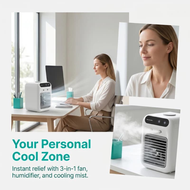 Ventilatore Portatile Personale 3 in 1, Mini Raffrescatore d'Aria, Umidificatore e Ventilatore per Casa, Ufficio e Scrivania
