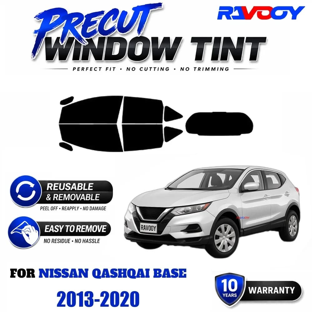 RAVOOY Precut Window Tint, Reusable Removable EPU Film, Custom Fit for Nissan Qashqai Base 2013-2020, UV Heat Protection