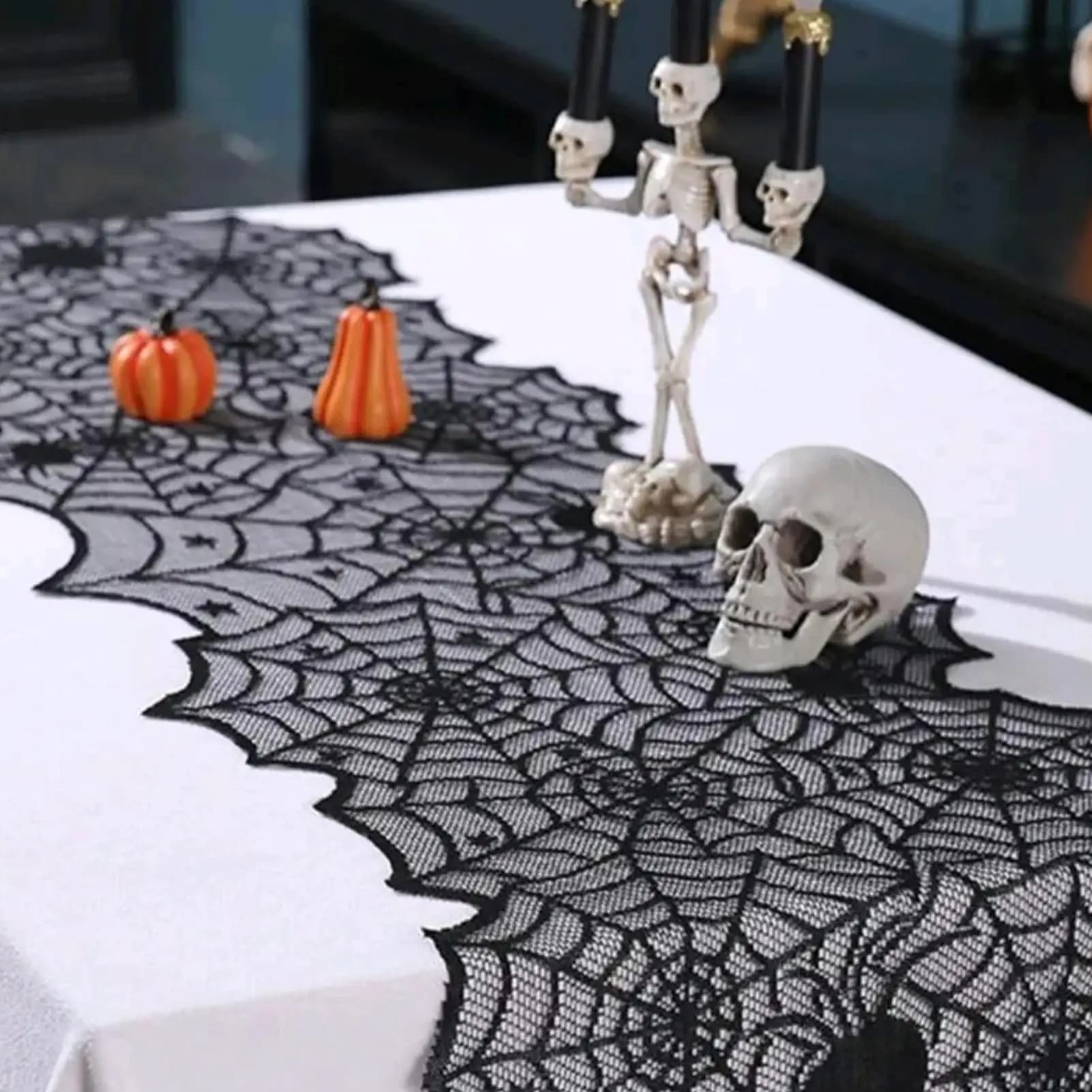 Runner da tavolo di Halloween Ragnatela Pizzo nero Mantel Sciarpa Camino Asciugamano Centrotavola per ristorante Bar Cena Feste Festival