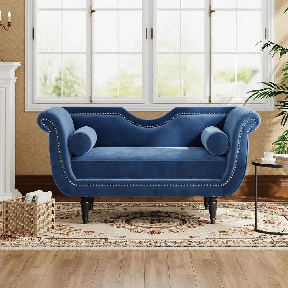 Panca curva imbottita con braccioli e finiture a chiodi, Pouf ottomano blu da 53 pollici con 2 cuscini per ingresso, soggiorno