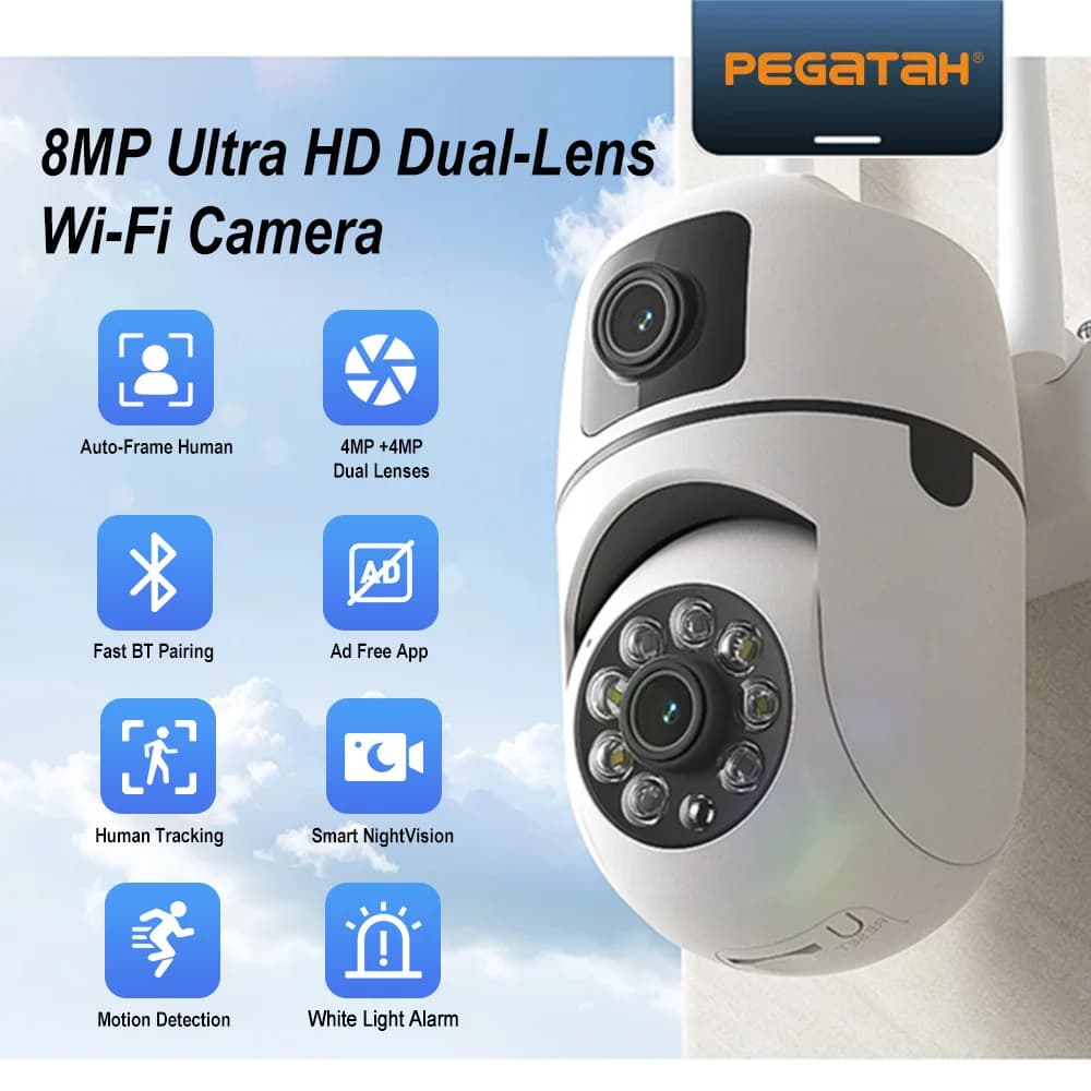 Telecamera di Sicurezza WiFi PTZ 8MP, Wireless da Esterno Impermeabile, Doppia Lente, Doppio Schermo, Tracciamento AI, Visione Notturna a Colori, Monitor per Bambini