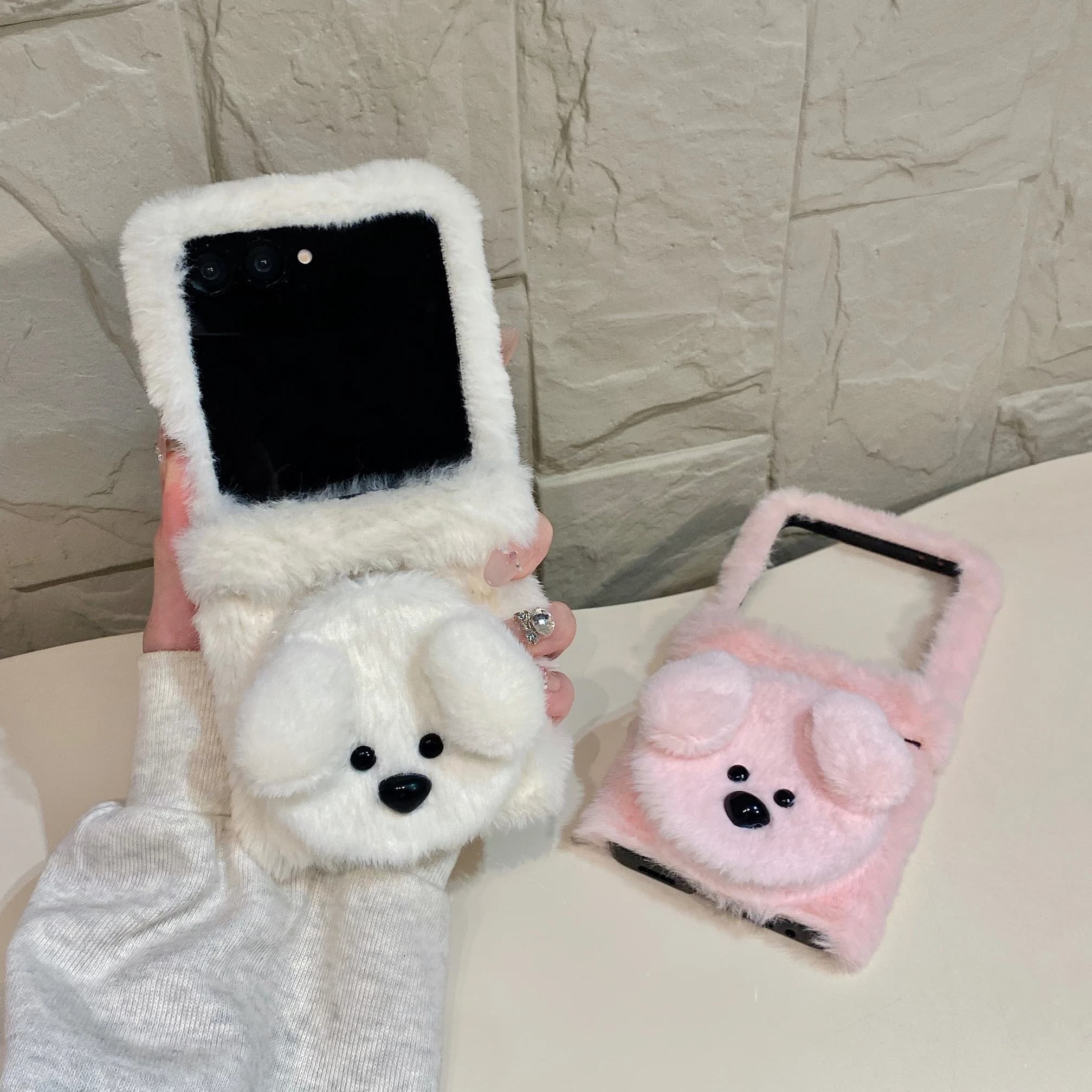 Cute Fluffy Teddy Plush Phone Case for Xiaomi Mix Flip Flip2 5G with Bracelet Hinge Compatible Cover