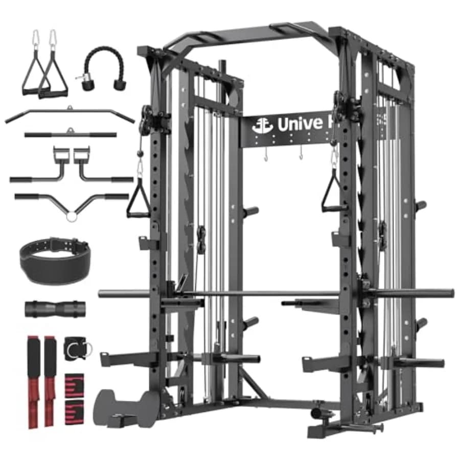 Home gym power cage with 18-pulley cable system, LAT pulldown, low row, pull-up bar, squat rack, weight bench; steel constructi