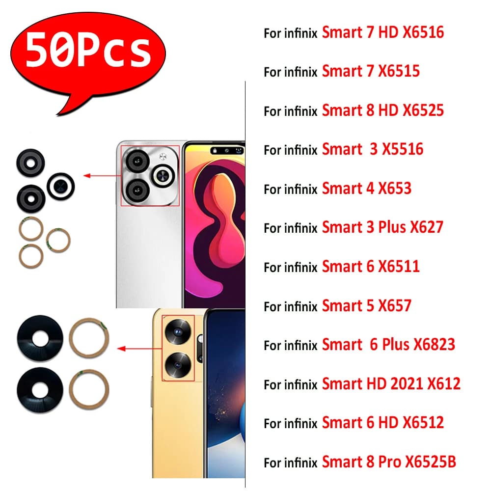 50 pezzi, obiettivo in vetro per fotocamera posteriore posteriore con colla adesiva per Infinix Smart 7 8 HD 3 Plus 4 6HD 5 8 Pro X6516 X6515 X6525 X5516 X6511