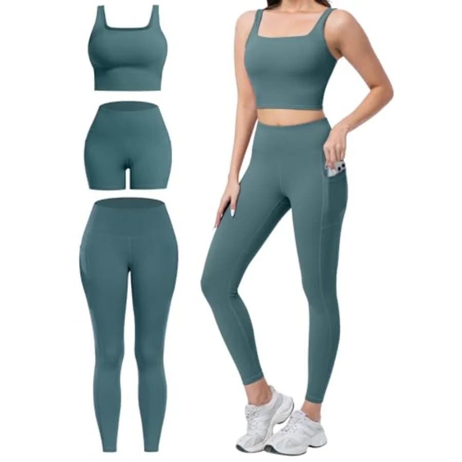 Set da 3 Pezzi per Allenamento Donna: Leggings a Vita Alta con Tasche, Pantaloncini Biker Modellanti e Reggiseno Sportivo Yoga