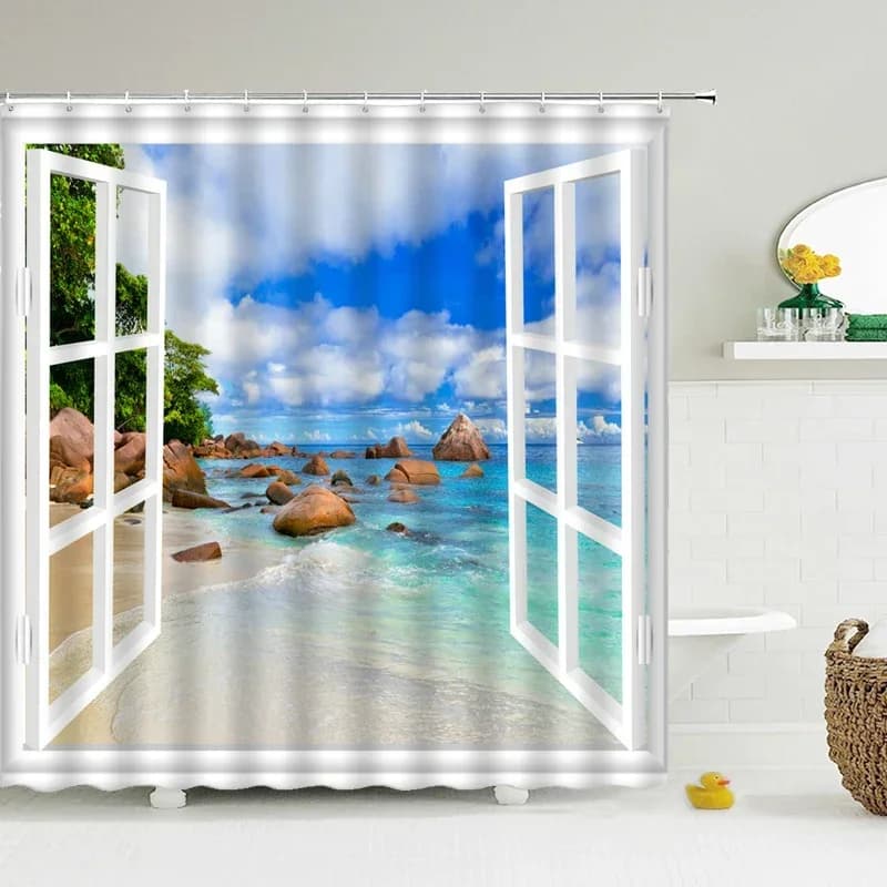 Tenda da doccia 3D Sunny Beach Paesaggio balneare Tenda da bagno stampata Tessuto impermeabile con ganci Decora la casa Schermo da bagno