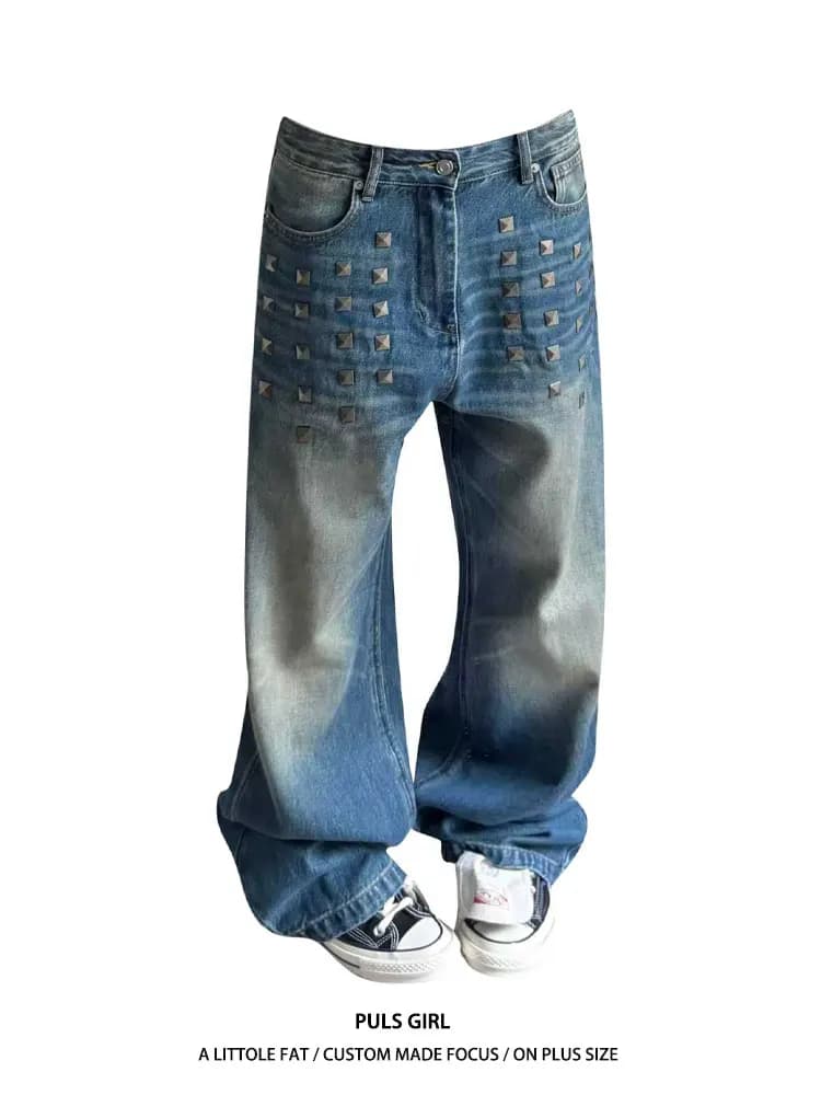 Retro American Large Size Jeans Women's Loose Wide Leg Pants High Waist Heavy Duty Rivets Casual Straight Cut Trousers