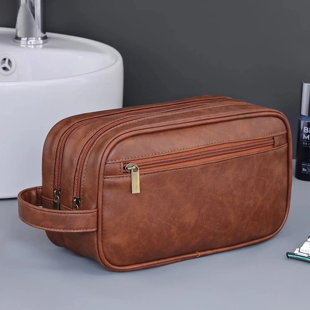 PU Leather Toilet Bag for Men, Double Layer Travel Organizer, Water Resistant Toilet Kit, Cosmetic Bag and Shaving