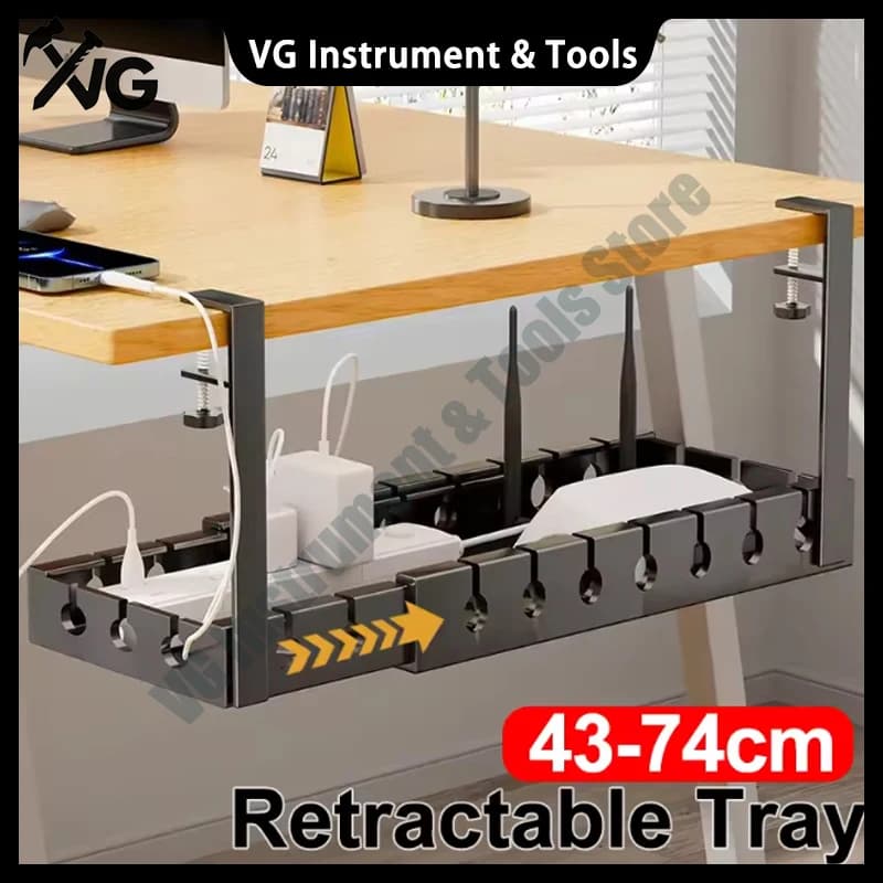 Under Desk Cable Management Tray 40-74cm Retractable Metal Wire Organizer Under Table Cord Management with Clamp No Drilling