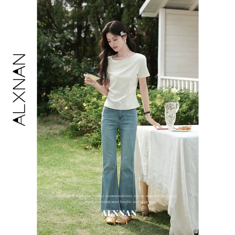 ALXNAN Women's T-shirt Summer 3D Flower Decor Mesh Splice Waist Ruched Design T-shirts 2026 Elegant Short Sleeve Tops DYL662694