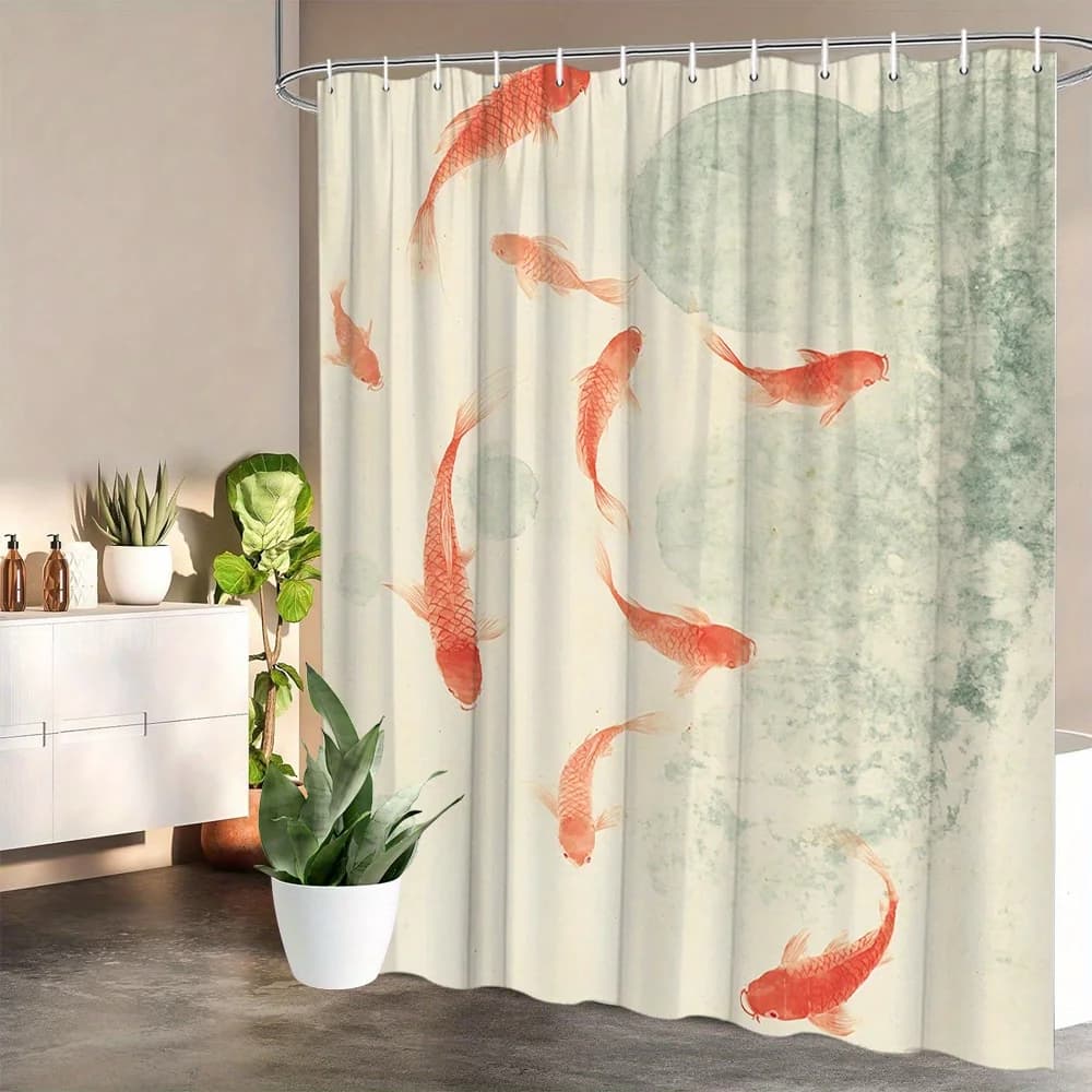 Tenda da doccia per nuoto con pesci Koi rossi, design minimalista ad acquerello su sfondo morbido bianco sporco, bagno Serene Elegance