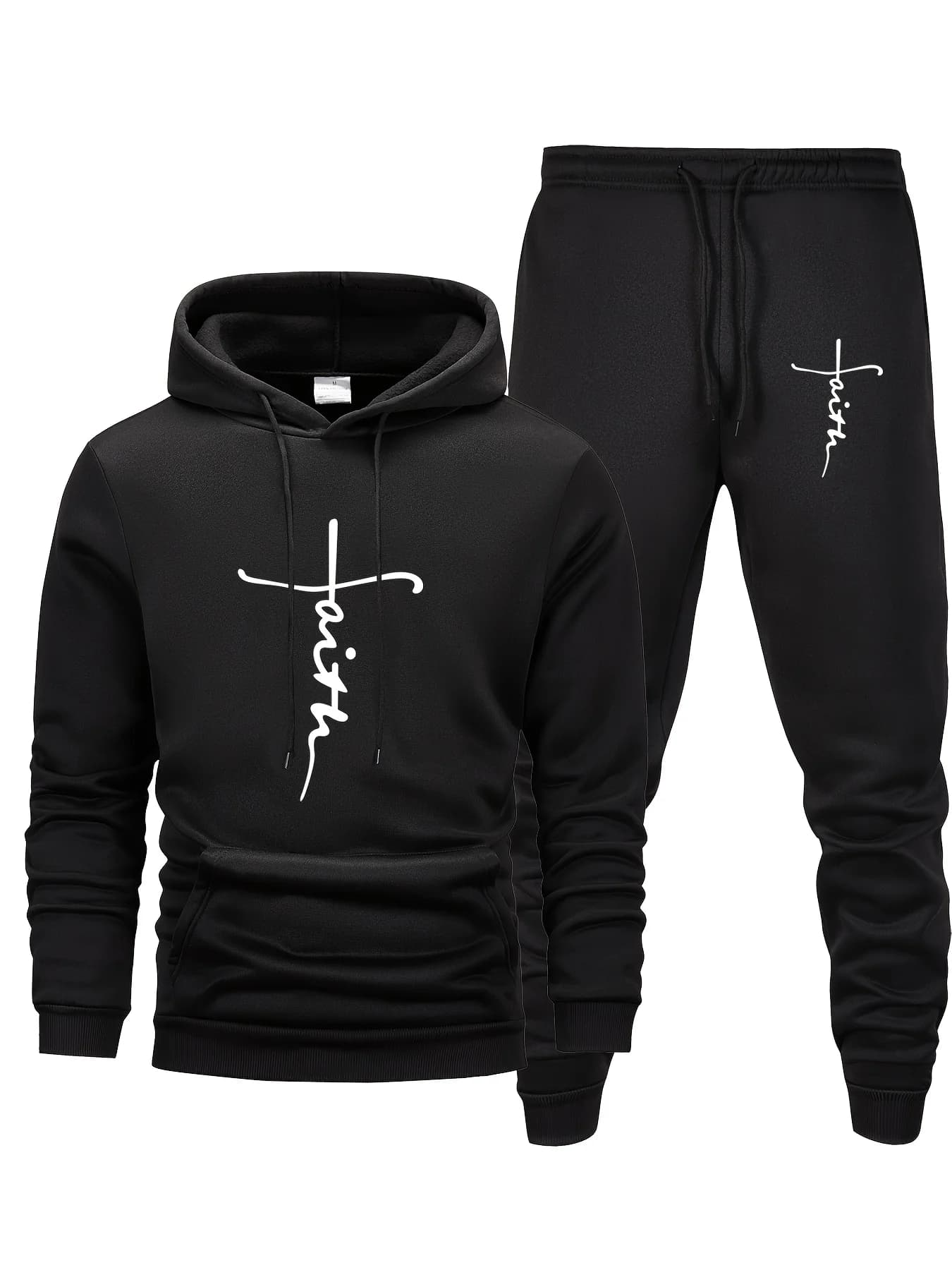 Men Faith Print 2‑Piece Tracksuit Long Sleeve Hoodie & Jogger Pants Set Personalized Graphic Outfit For Casual Sports