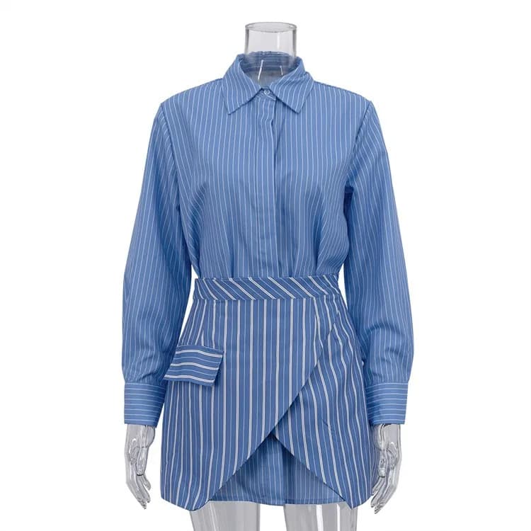 2 Pieces Set For Woman Skirt Striped Wrap Skirts Button Front Mini Skirt Blue White Asymmetrical Hem Pencil Skirt Tailored Waist