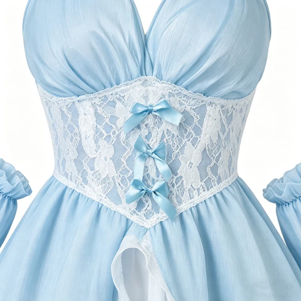 Set Camicia da Notte Principessa in Chiffon Azzurro con Fiocco Decorativo, Gonna a Strati, Polsini Staccabili e Bretelle Delicate – Abbigliamento da Casa per Donna