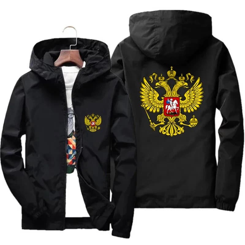 Spring and Autumn Men's Russian Eagle Motorcycle Casual Thin Windshield Windproof Spring Coat Zipper Hooded Jacket Plus Size 7XL
