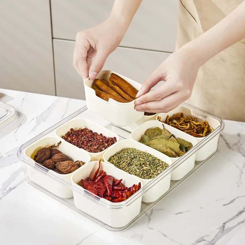 Contenitore per Snack a 8 Scomparti, Portatile, da Viaggio, con Coperchio, per Conservazione Alimenti in Frigorifero, Organizzatore per Condimenti e Snack Secchi