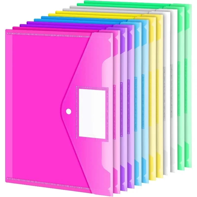 10pcs A4 Folders Plastic Envelopes Clear File Folder for Document Poly File with Label Pocket Snap Button for Office Organizer