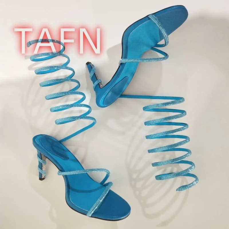 Sandali avvolgenti in cristallo da donna Sandali sexy con punta aperta e tacco a spillo Sandali con nastro avvolgimento Moda donna Passerella Scarpe eleganti da festa Taglia grande 43