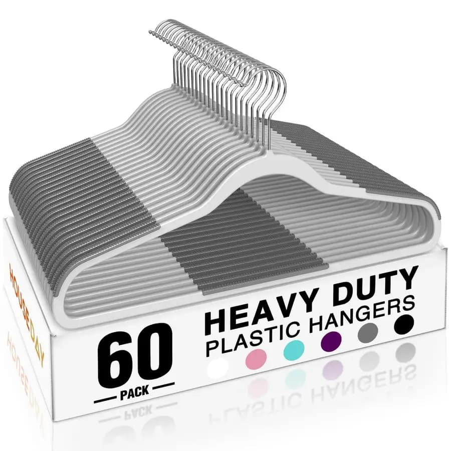 Durable plastic hanger, 60 pack, non-slip with rubber bearings and 360° hook, thin (0.2 inch), space saving for coats