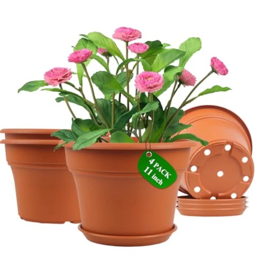 Vaso in Plastica da 11 Pollici per Piante da Interno, Set di 4 Grandi Vasi da Esterno con Fori di Drenaggio e Sottovasi, Decorativi in Resina